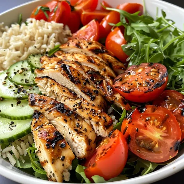 Side view of a delicious grilled chicken rice bowl, showcasing succulent chicken and fresh toppings.