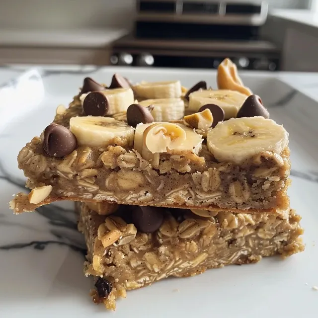 Side view of freshly baked banana oatmeal bars showcasing their chewy texture.