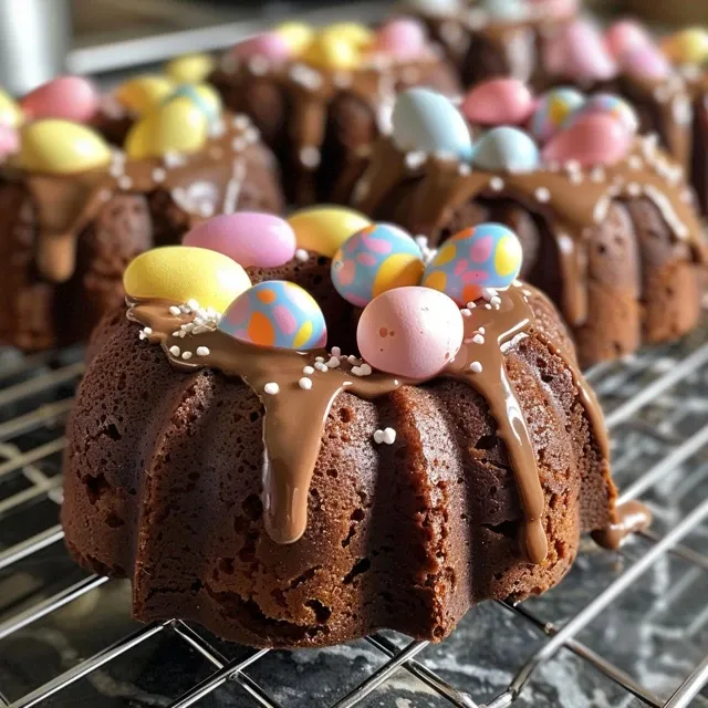 Close-up of a Mini Cadbury Egg Bundt Cake, highlighting the rich chocolate and colorful mini eggs adorning the surface.