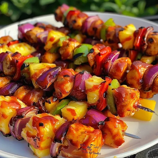 Juicy chicken kabobs with pineapple, bell peppers, and onion on wooden skewers.