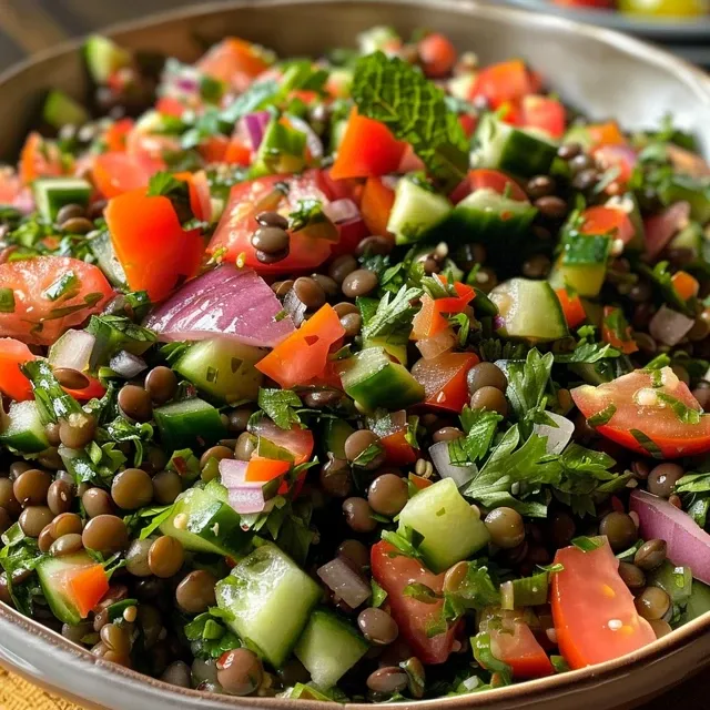 Close-up view of a fresh Lentil Tabbouleh Salad with ingredients like lentils, mint, and cherry tomatoes.