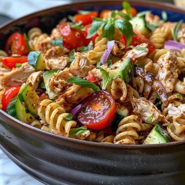 A delectable serving of chicken pasta salad featuring rotini, diced chicken, and fresh veggies.