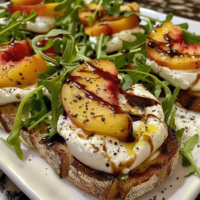 Close-up of a burrata toast featuring fresh peaches, drizzled with balsamic glaze and olive oil.