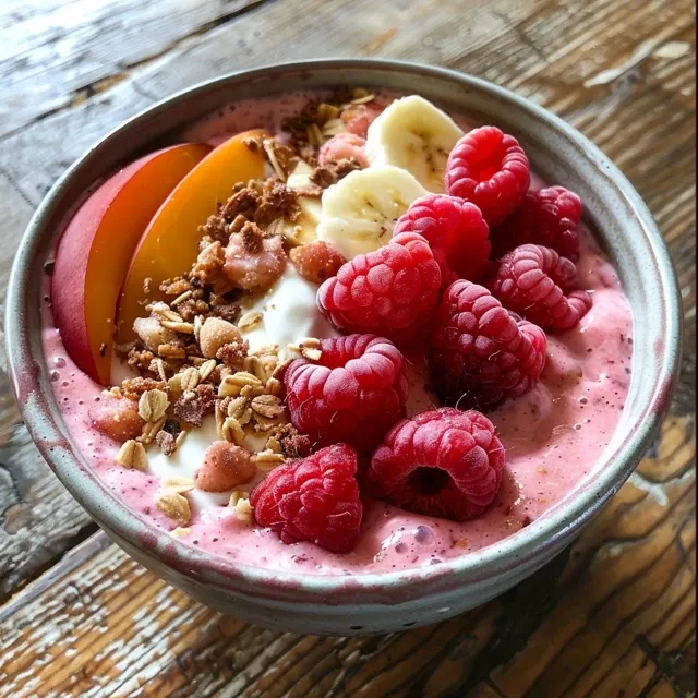 Close-up view of a Raspberry Peach Smoothie Bowl showcasing its creamy texture and colorful toppings.