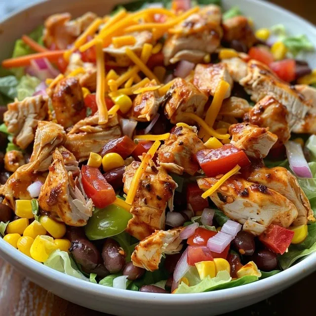 Side view of a colorful BBQ chicken salad in a bowl.