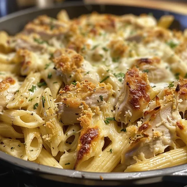 A detailed view of a Chicken Pasta Casserole with melted cheese, diced chicken, and vibrant bell peppers.