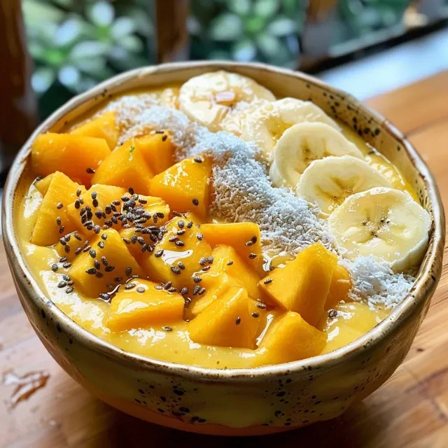 Close-up of a creamy Mango Banana Smoothie Bowl with slices of banana and mango on top.