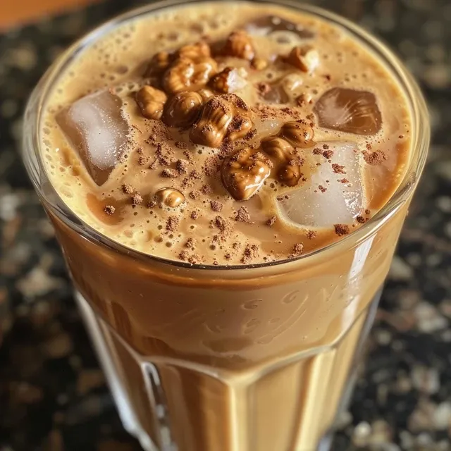 Side view of a refreshing iced hazelnut latte in a clear glass with espresso and hazelnut syrup.