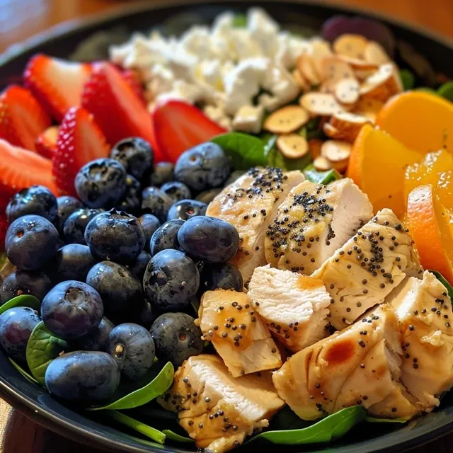 Side angle of a fresh chicken spinach salad featuring sliced strawberries and blueberries.