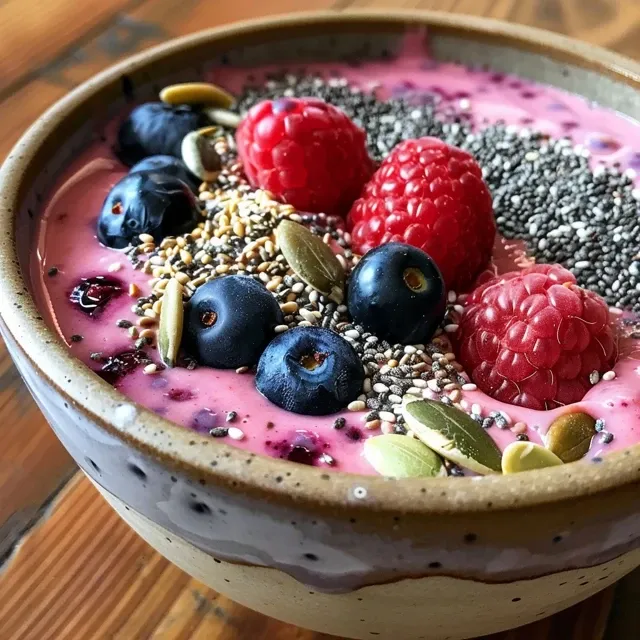 Side perspective of a delicious smoothie bowl featuring Greek yogurt and chia seeds.