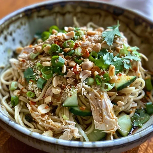 A side view of a bowl of cold noodles featuring shredded chicken, cucumber, and bean sprouts.
