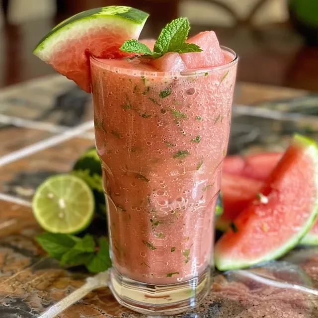 Refreshing watermelon smoothie presented in a clear glass, garnished with mint.
