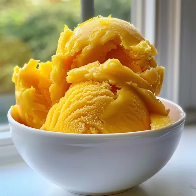A side perspective of creamy mango sorbet, showcasing its smooth texture and bright color.