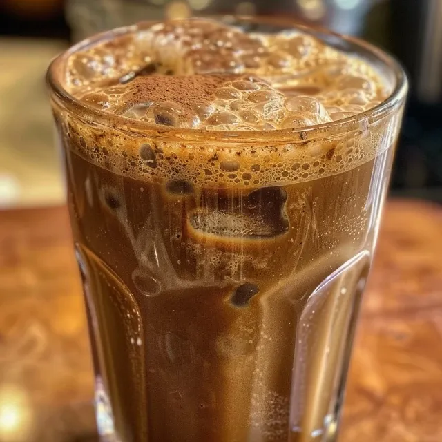Side view of a refreshing Mocha Cold Brew Coffee topped with milk and cocoa powder.