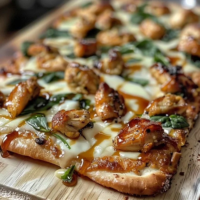 Side angle shot of a delicious Hot Honey Chicken Flatbread, showcasing its layered toppings.