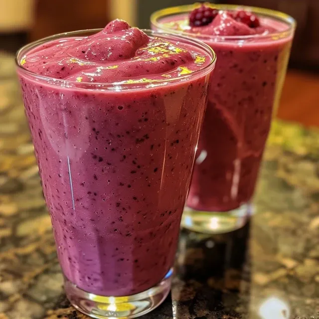 Side angle image of a thick, creamy banana berry smoothie with fruit layers.