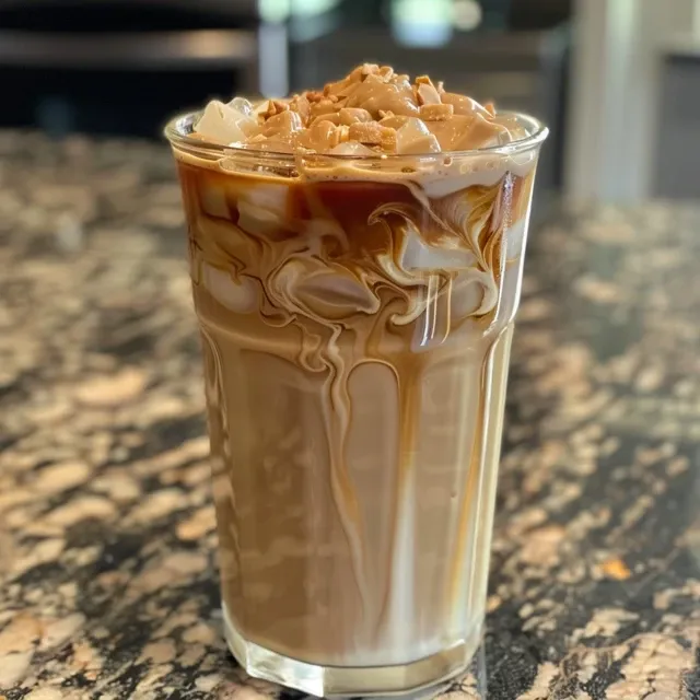 Side view of a refreshing coconut milk iced coffee topped with ice cubes.