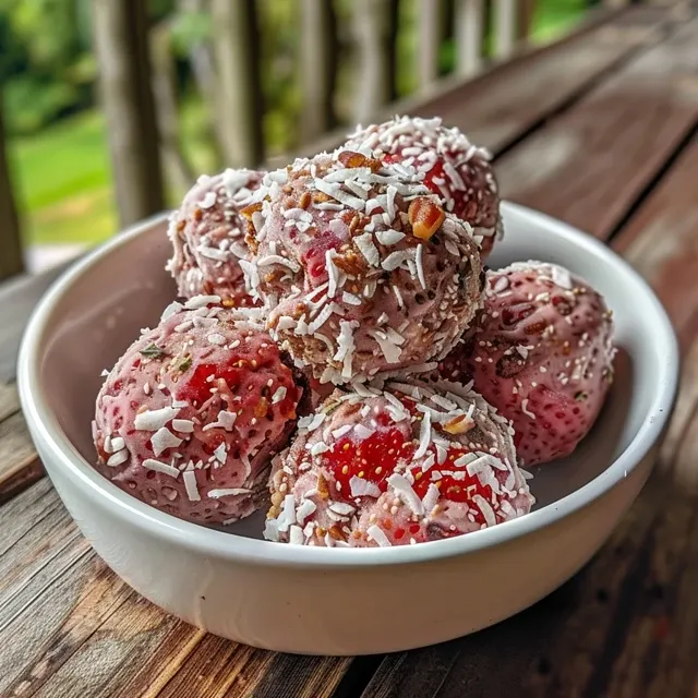 Side view of juicy frozen strawberry bites, showing a creamy texture and garnished with coconut flakes.