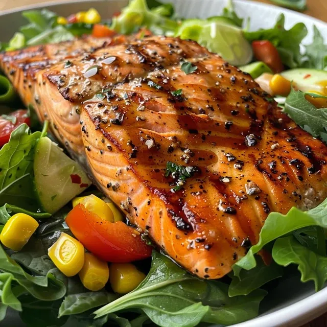 A vibrant salad with grilled salmon fillet, mixed greens, diced vegetables, and grated cheese.