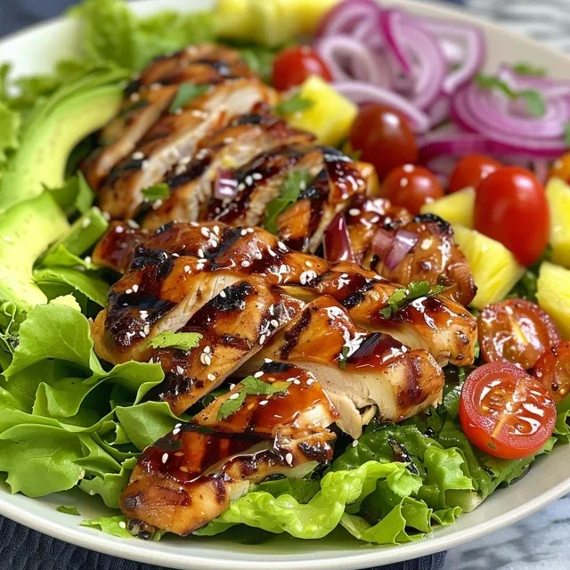 A delicious side perspective of Grilled Teriyaki Chicken Salad, showcasing tender chicken, fresh vegetables, and avocado slices.