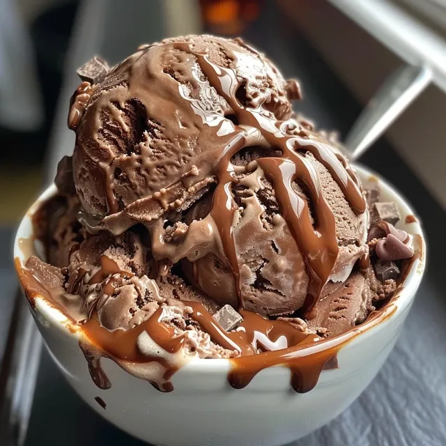 Side view of creamy fudge brownie ice cream in a bowl, highlighting its texture and chocolate pieces.