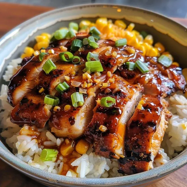 Juicy BBQ chicken served over a bed of rice, topped with cheese and crispy onions.