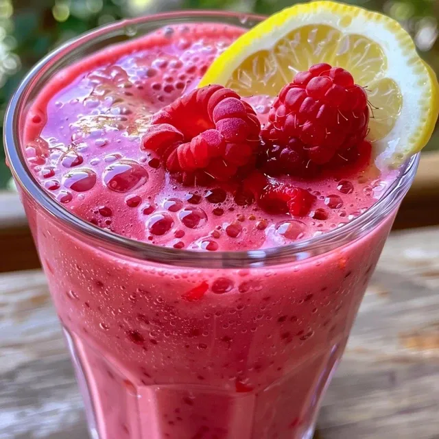Side view of a creamy raspberry lemon smoothie, showcasing its texture, with ingredients in the background.