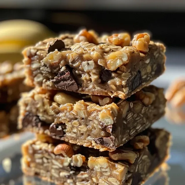 Appetizing banana oatmeal bars with visible chocolate chips and pieces of nuts.