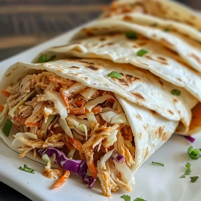 Close-up of BBQ Chicken Coleslaw Wraps garnished with cilantro.