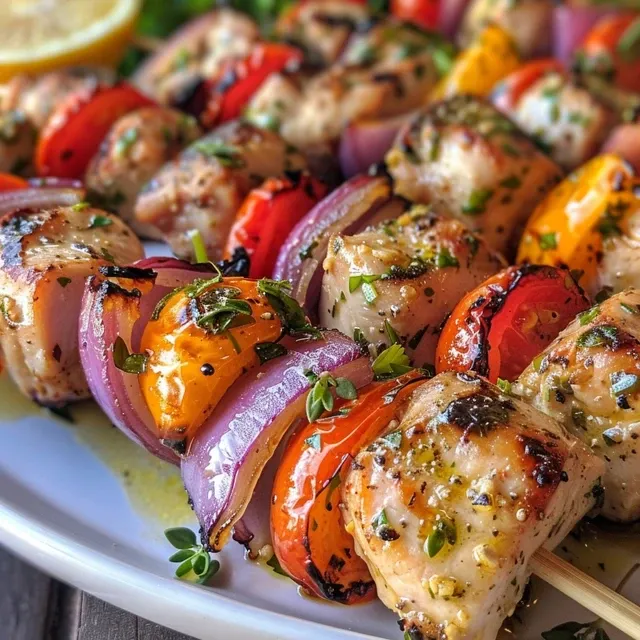 Side view of grilled chicken souvlaki skewers featuring cherry tomatoes and bell peppers.
