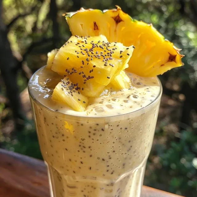 Side view of a healthy smoothie featuring pineapple, banana, and chia seeds in a clear glass.