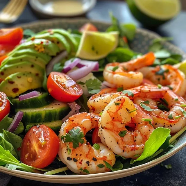 Side view of a vibrant salad featuring grape tomatoes, cucumber, and avocado.