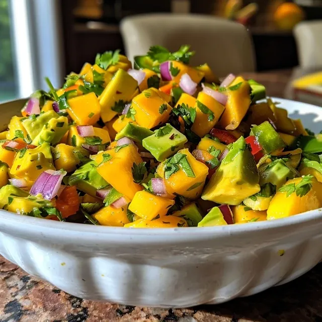 Side view of a vibrant Mango Avocado Salsa, showcasing fresh ingredients like diced red onion and cilantro.