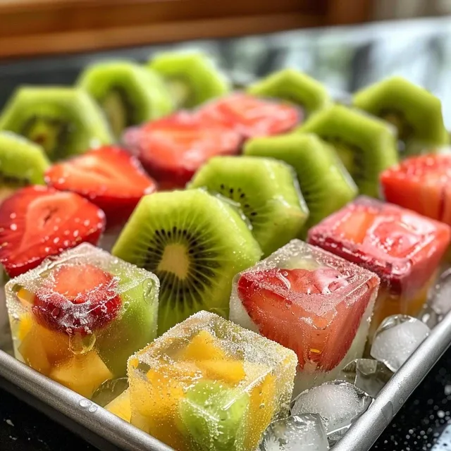 Close-up view of vibrant fruit ice cubes with fruit pieces.