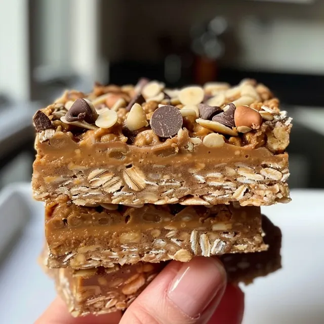 Close-up of layered No Bake Peanut Butter Banana Oat Bars showcasing oats and banana texture.