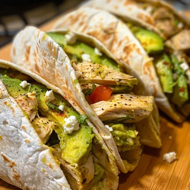 Side view of a golden-brown chicken wrap with avocado and cheese, resting on a plate.