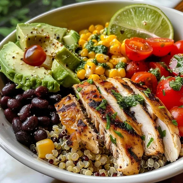 Side angle shot of a nutritious power bowl featuring quinoa, cherry tomatoes, and cilantro.