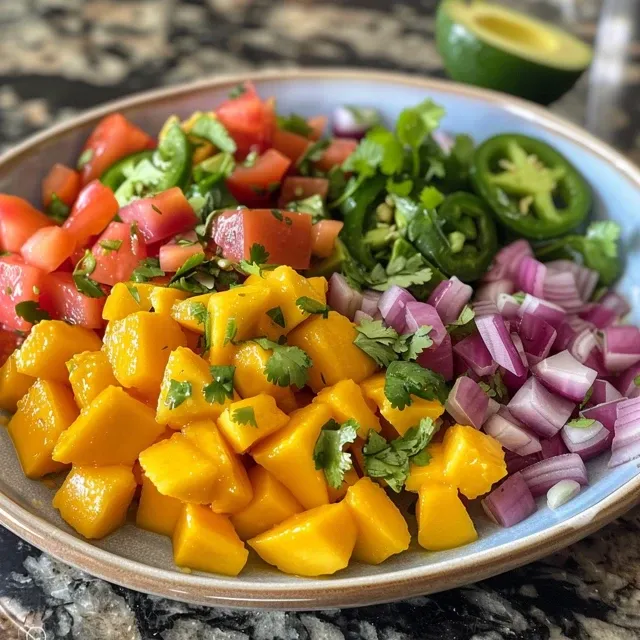Side view of a colorful mango salsa featuring fresh ingredients like cilantro and jalapeno.