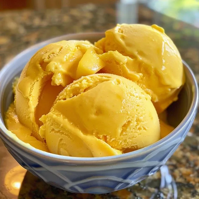 Side view of vibrant mango ice cream topped with fresh mango chunks and saffron strands.