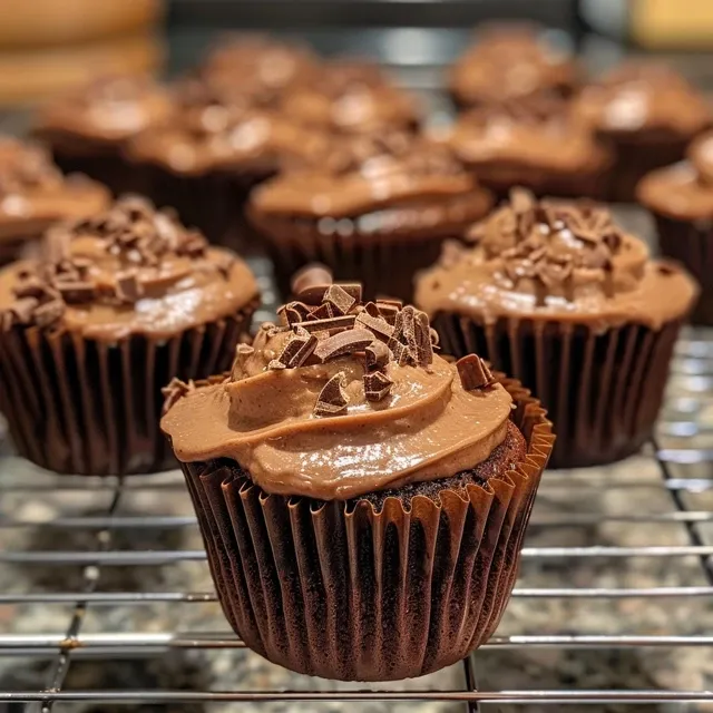 Side view of delectable mini chocolate cupcakes topped with glossy chocolate frosting.