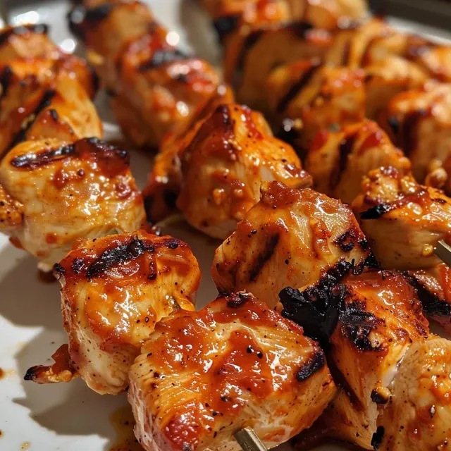 Side view of colorful chicken skewers coated in barbecue sauce.