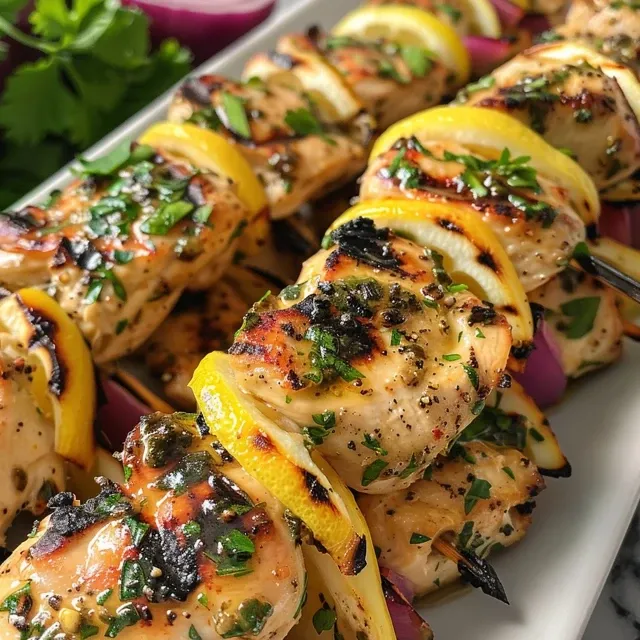 Side view of grilled chicken skewers marinated in lemon and herbs, showcasing vibrant veggies.