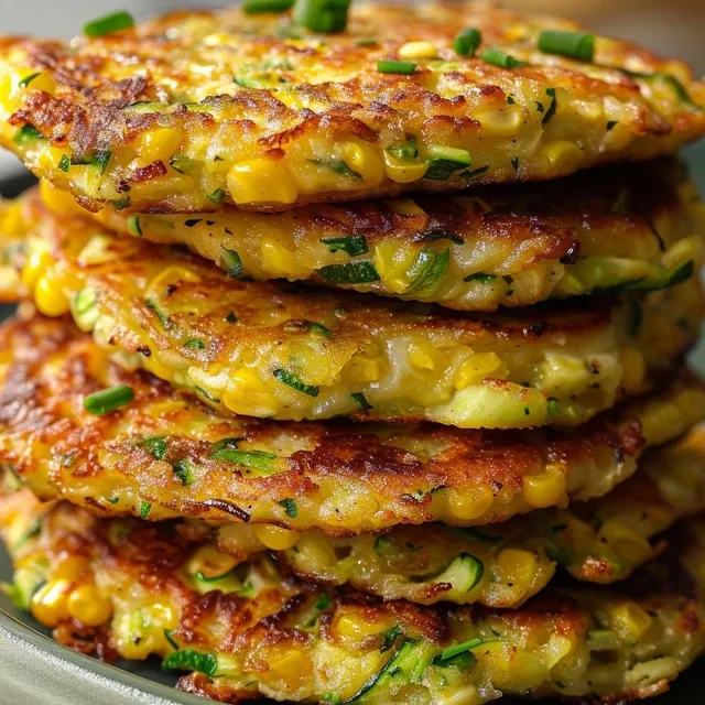 Side view of juicy Corn Zucchini Fritters, showcasing a crunchy exterior and fresh ingredients.