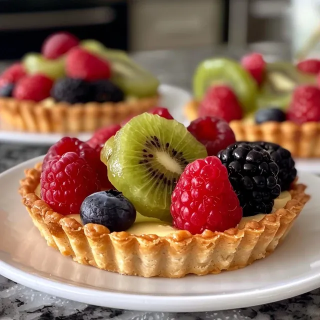 Side view of assorted mini fruit tarts showcasing vibrant fruits on a pastry base.