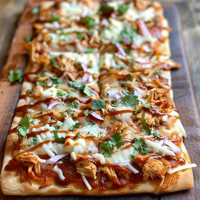 Delicious BBQ chicken flatbread pizza showcasing juicy ingredients.