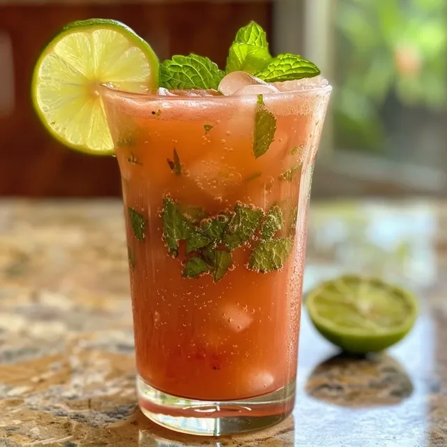 Side view of a refreshing low-carb watermelon juice with lime and mint, showcasing ice cubes and colorful garnishes.