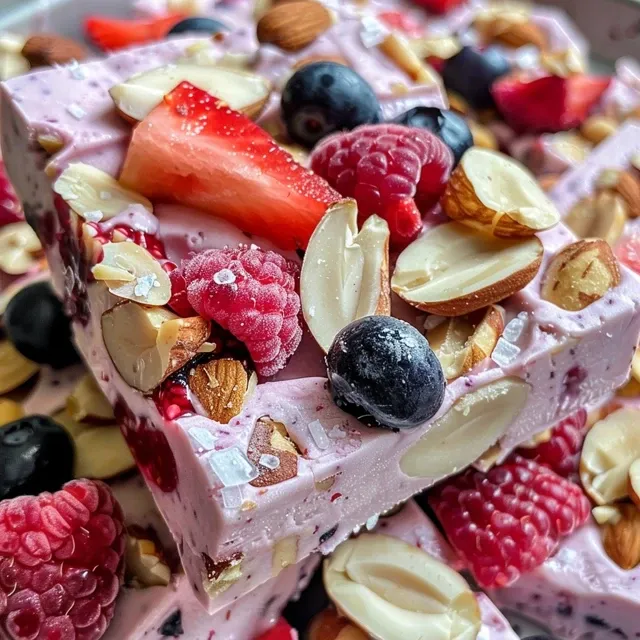 Side angle of Berry Nut Frozen Yogurt Bark showcasing vibrant berries and chopped nuts.