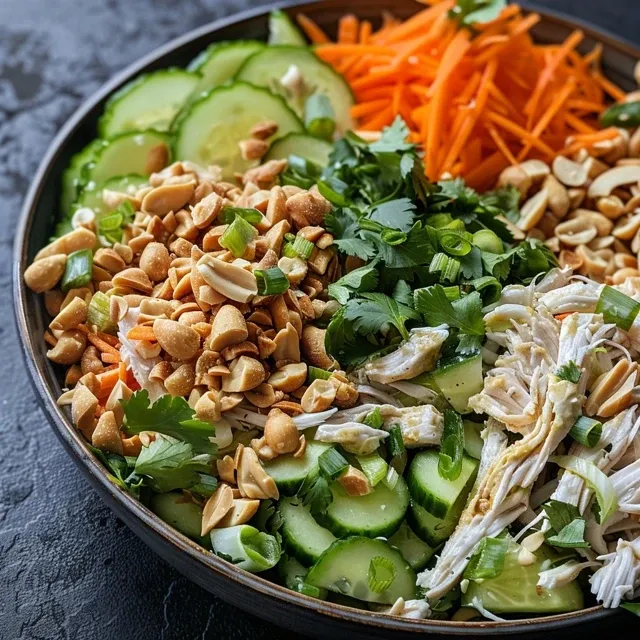 Delicious Sweet Chili Chicken Salad featuring fresh produce and chicken on a plate.