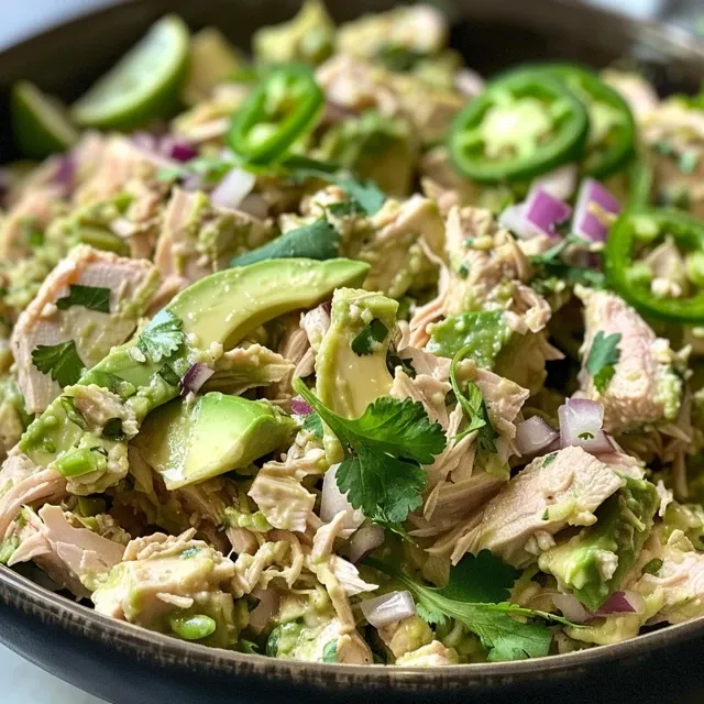 Side view of a colorful tuna salad featuring avocado, cilantro, and lime.