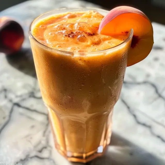 A delicious peach smoothie captured from the side, showcasing its smooth texture and vibrant color.